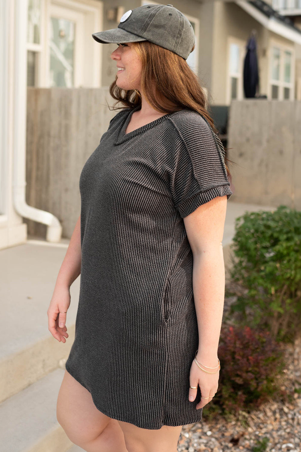Carbon Grey Corded V Neck Plus Size Shirt Dress