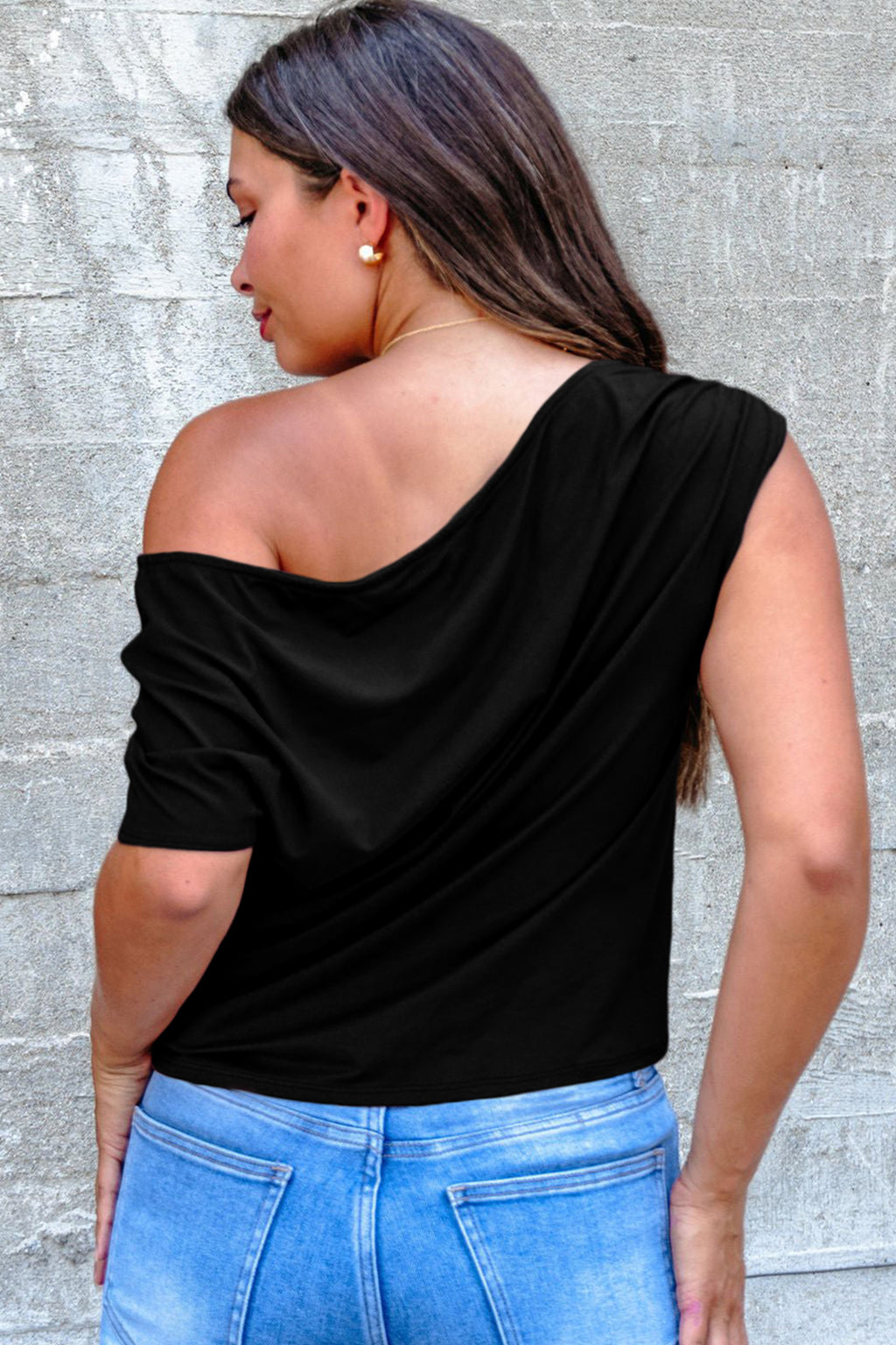 Blue Sapphire Plus Size Solid Color Asymmetric Neck Short Sleeve Blouse