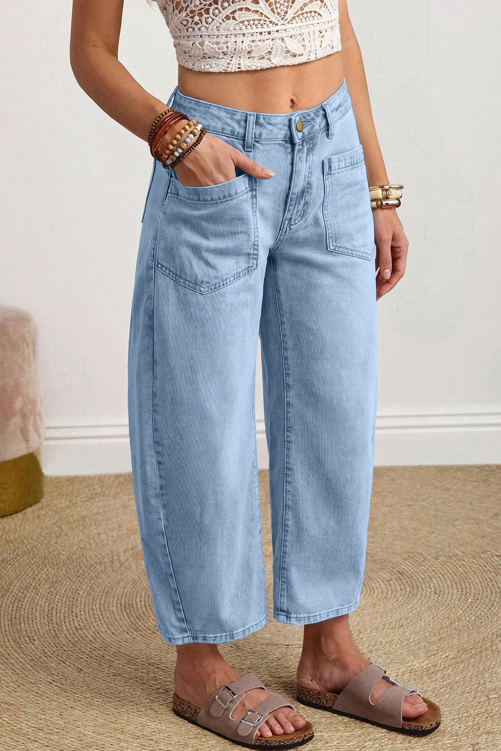 Coffee Solid Color Square Patch Pocket Ankle-length Barrel Jeans
