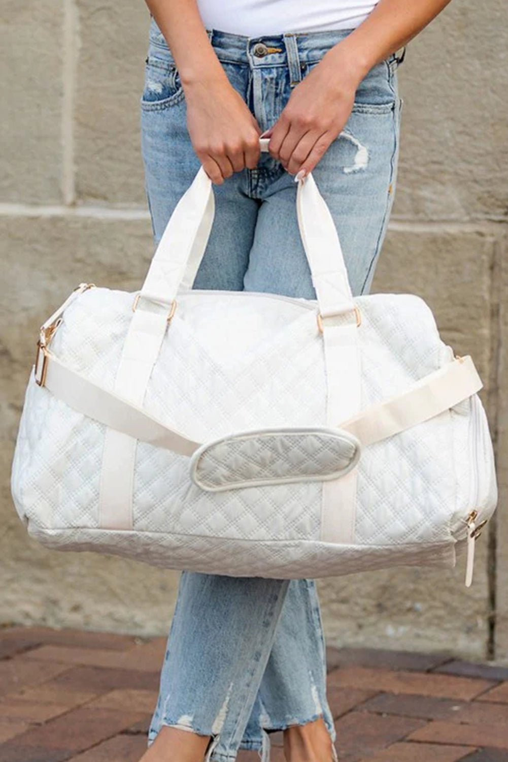 White Plaid Textured Large Capacity Travel Duffle Bag
