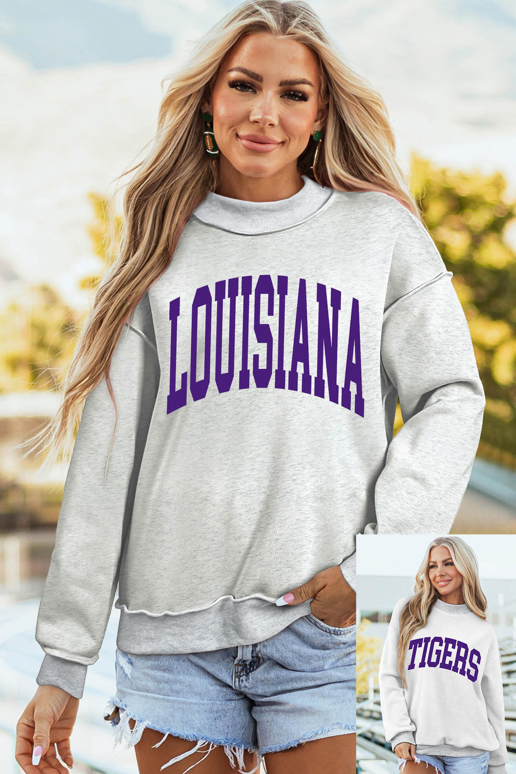 Light Grey LOUISIANA/ TIGERS Double Side Printed High Neck Reversible Sweatshirt