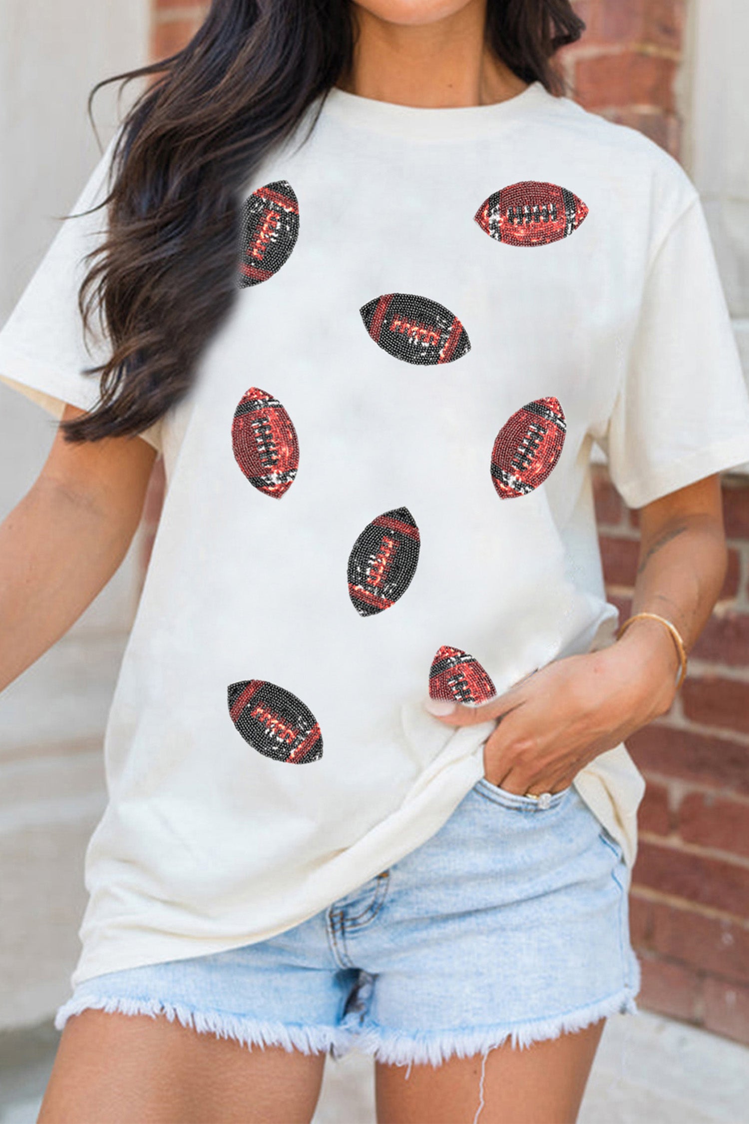 White Sequin Rugby Pattern Round Neck Casual T Shirt