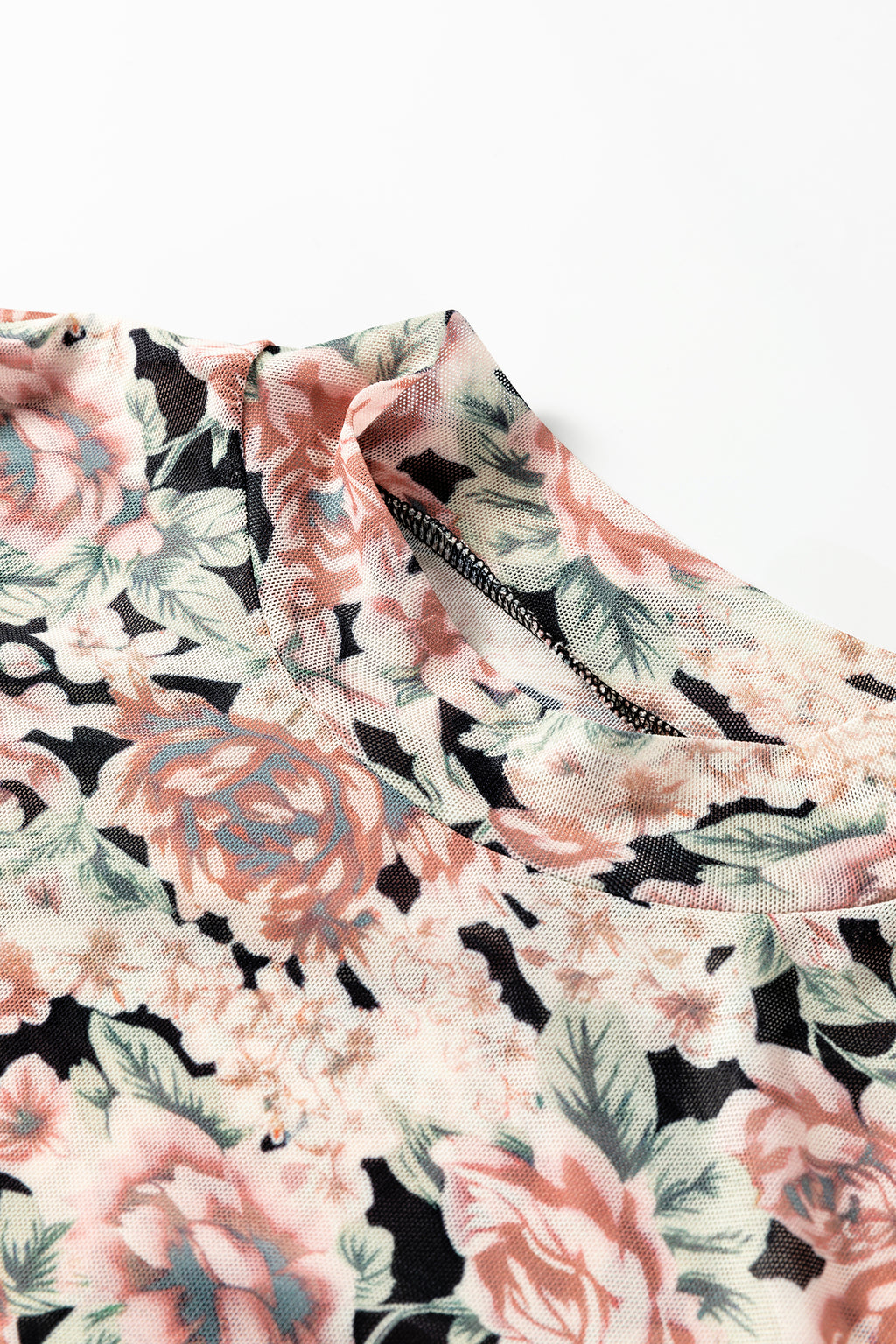 Black Retro Floral Print Mock Neck Mesh Long Sleeve Top