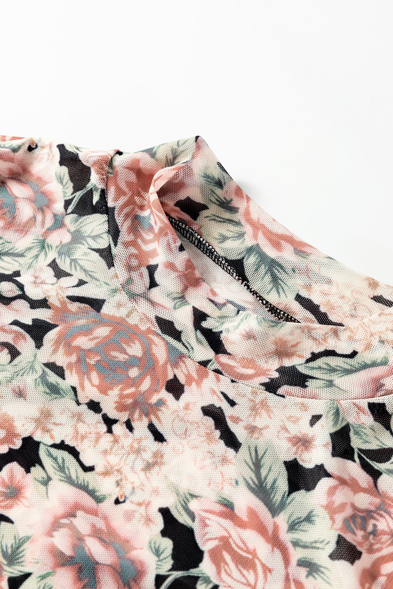 Black Retro Floral Print Mock Neck Mesh Long Sleeve Top