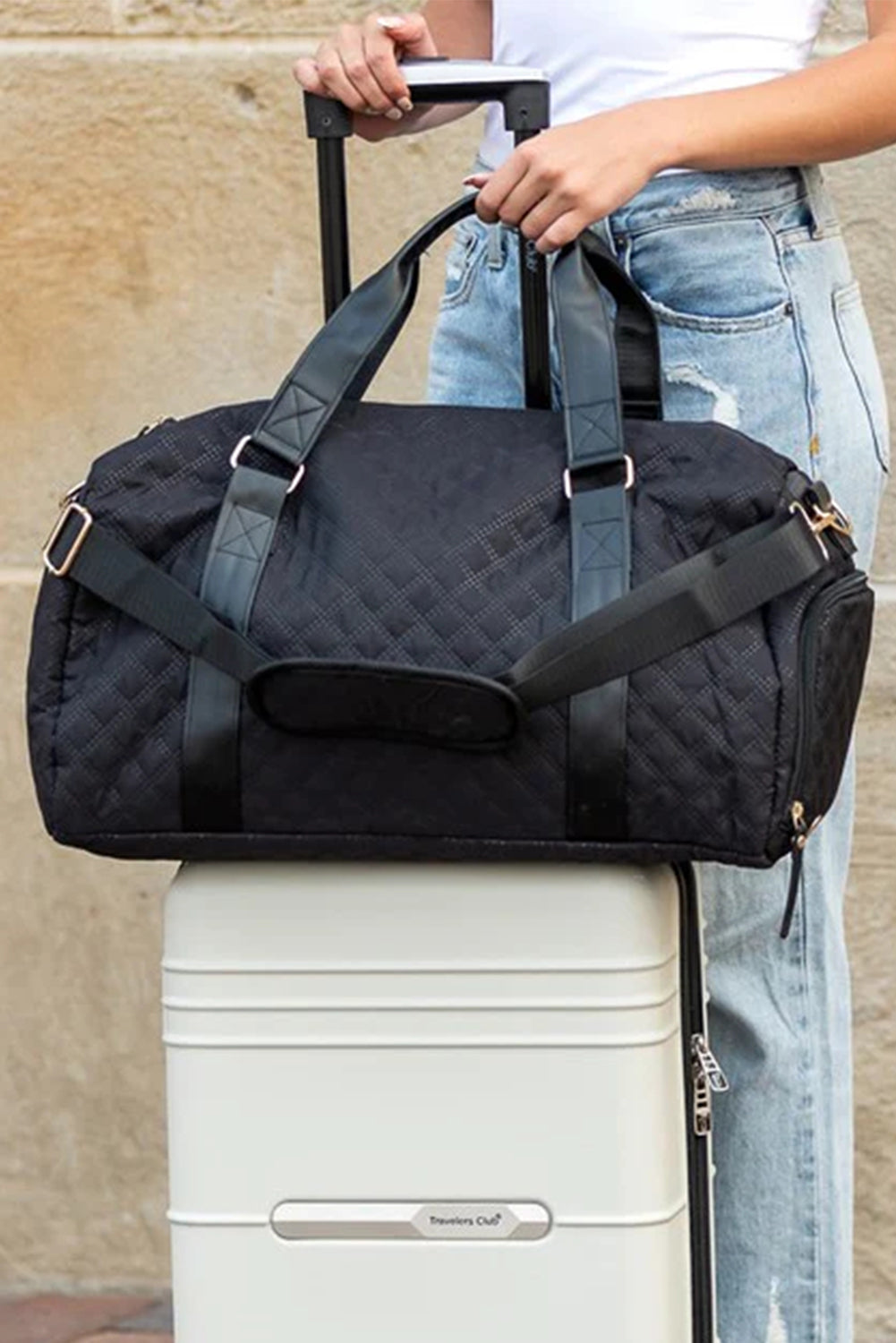 White Plaid Textured Large Capacity Travel Duffle Bag
