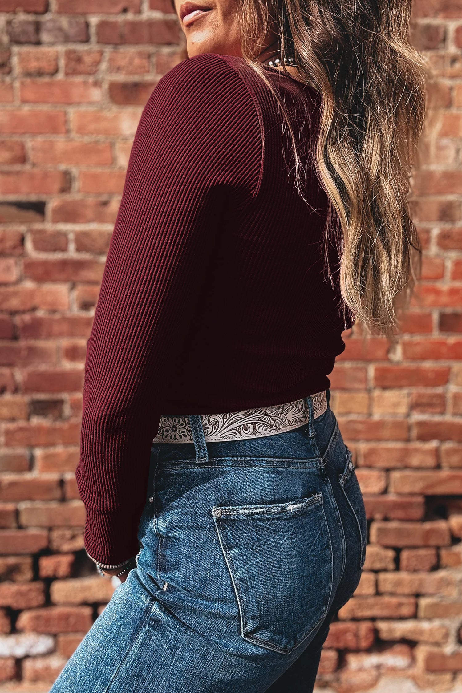 Coffee Ribbed Solid Color U Neck Cropped Long Sleeve Top