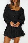 Black Solid Color Long Sleeve Shirred Drawstring Ruffle Mini Dress