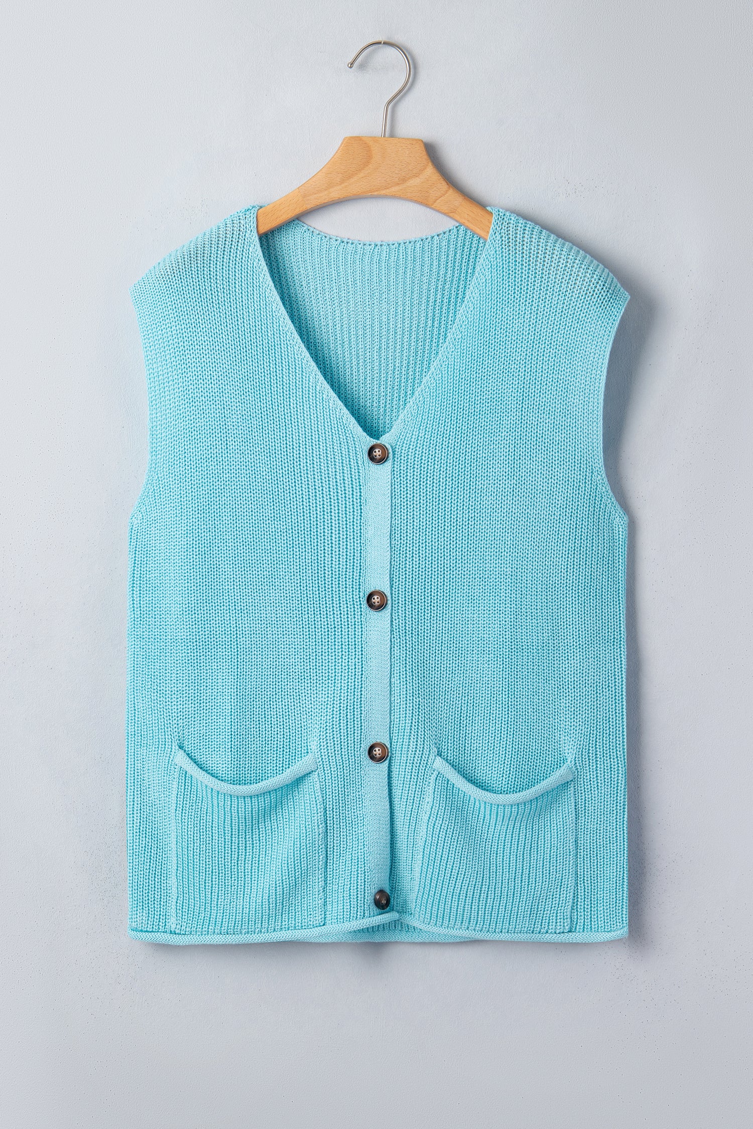 Pink Solid Color Knit V Neck Button Front Sweater Vest