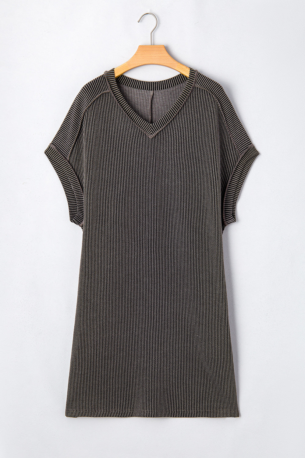 Carbon Grey Corded V Neck Plus Size Shirt Dress
