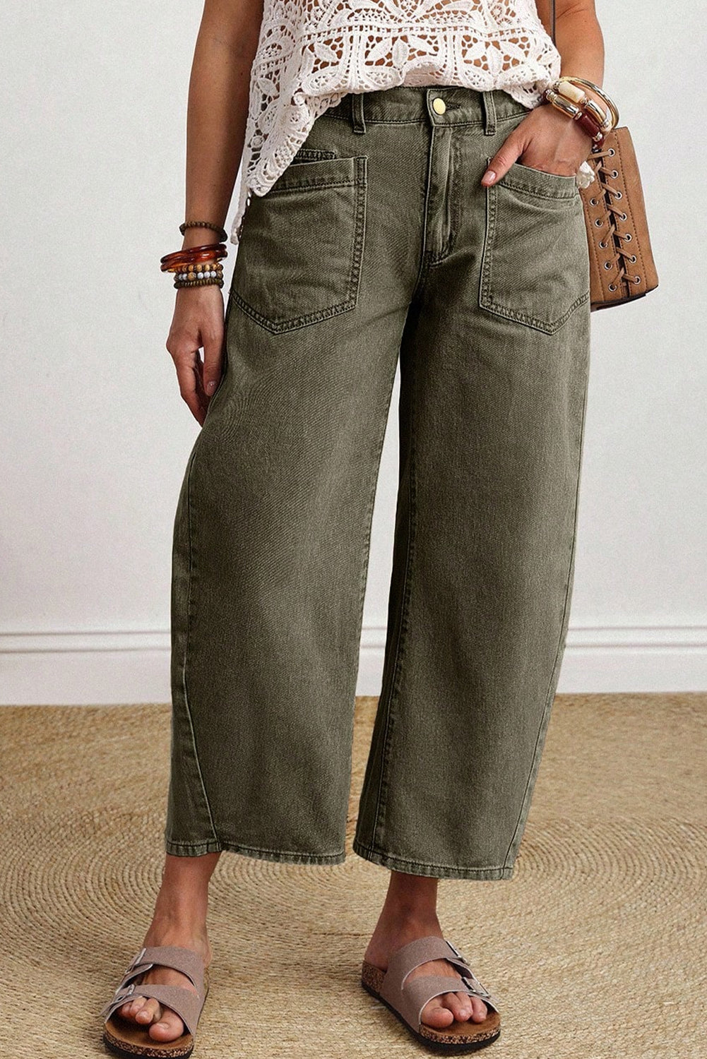 Coffee Solid Color Square Patch Pocket Ankle-length Barrel Jeans