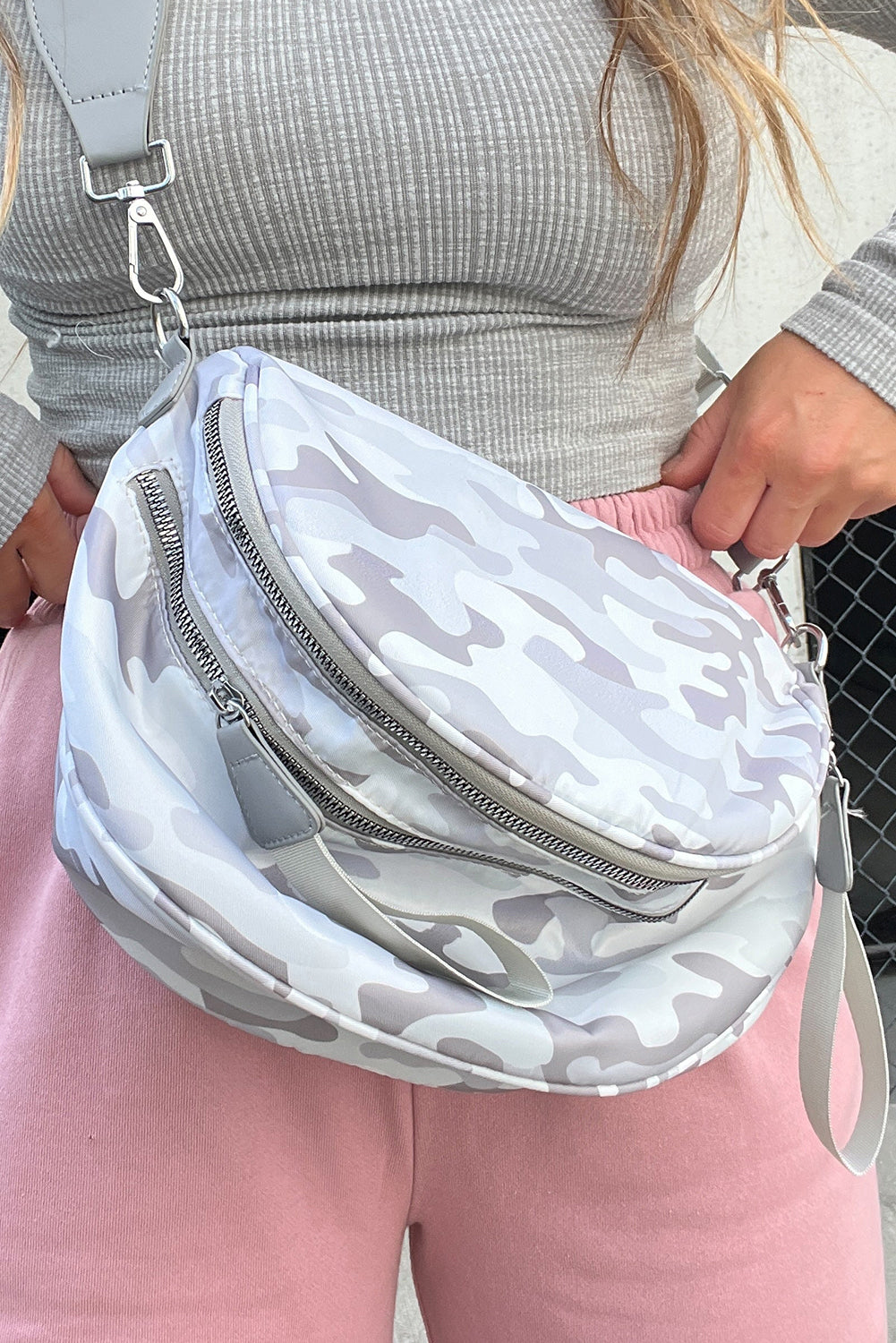 White Abstract/ Camouflage/ Polka Dot/ Leopard Print Double Zip Fashion Crossbody Bag