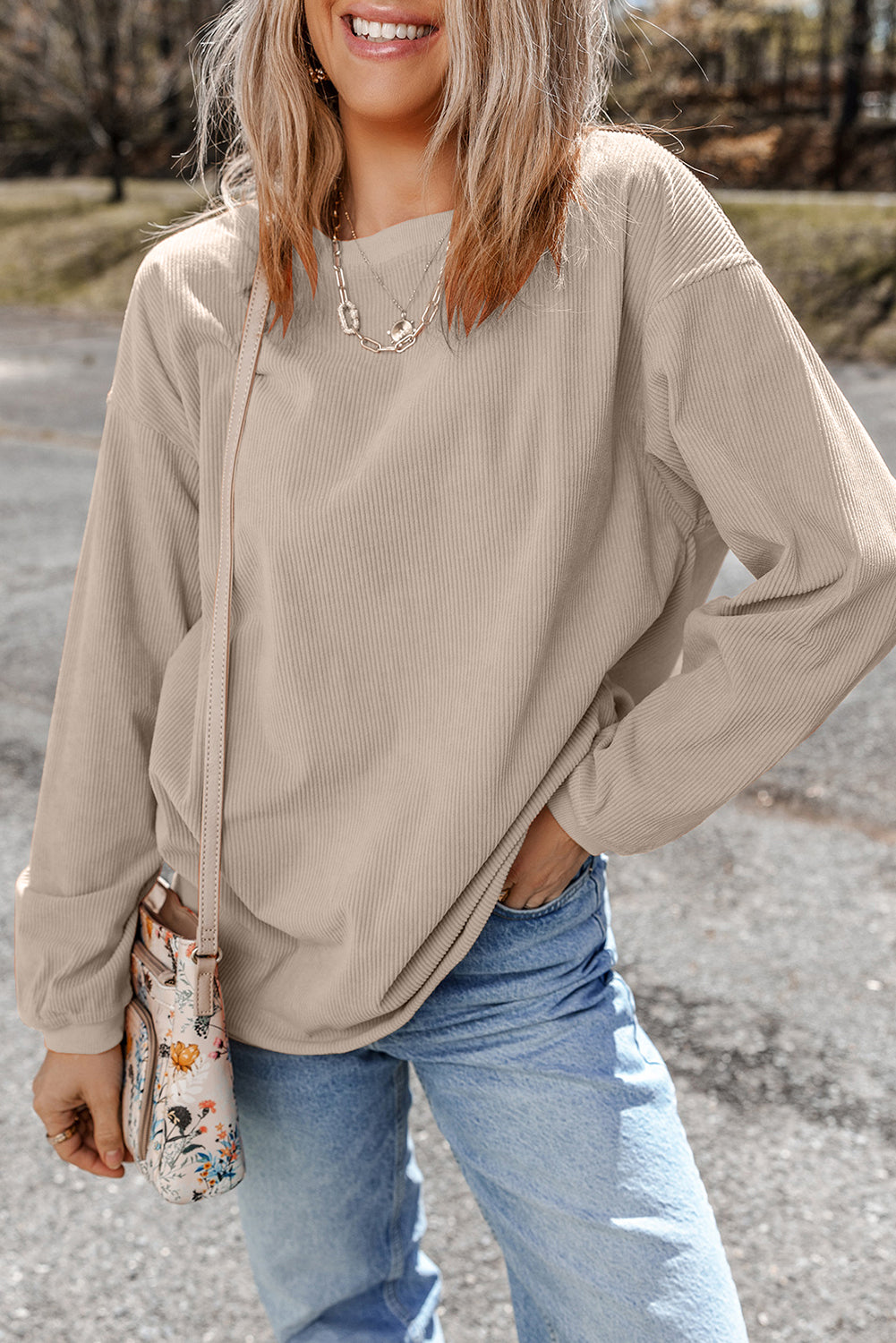 Orange Plain Drop Sleeve Crinkle Rib Oversized Sweatshirt