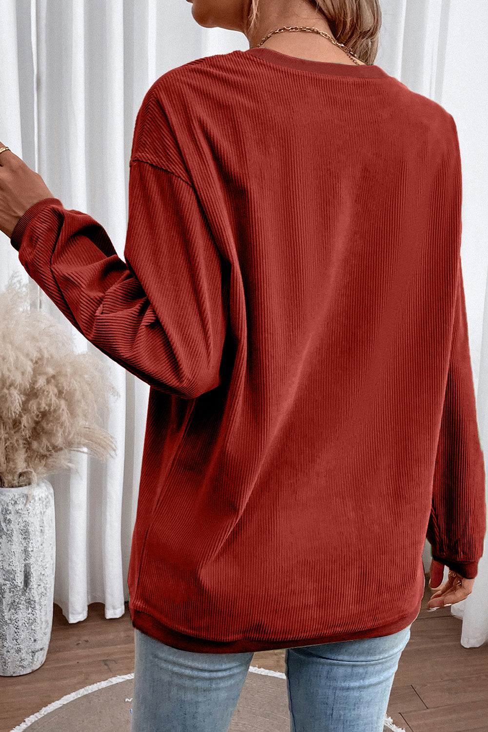 Orange Plain Drop Sleeve Crinkle Rib Oversized Sweatshirt