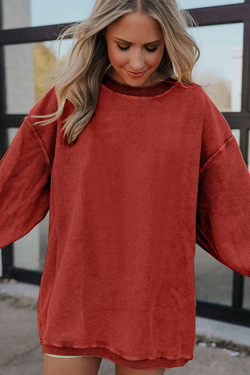 Orange Plain Drop Sleeve Crinkle Rib Oversized Sweatshirt