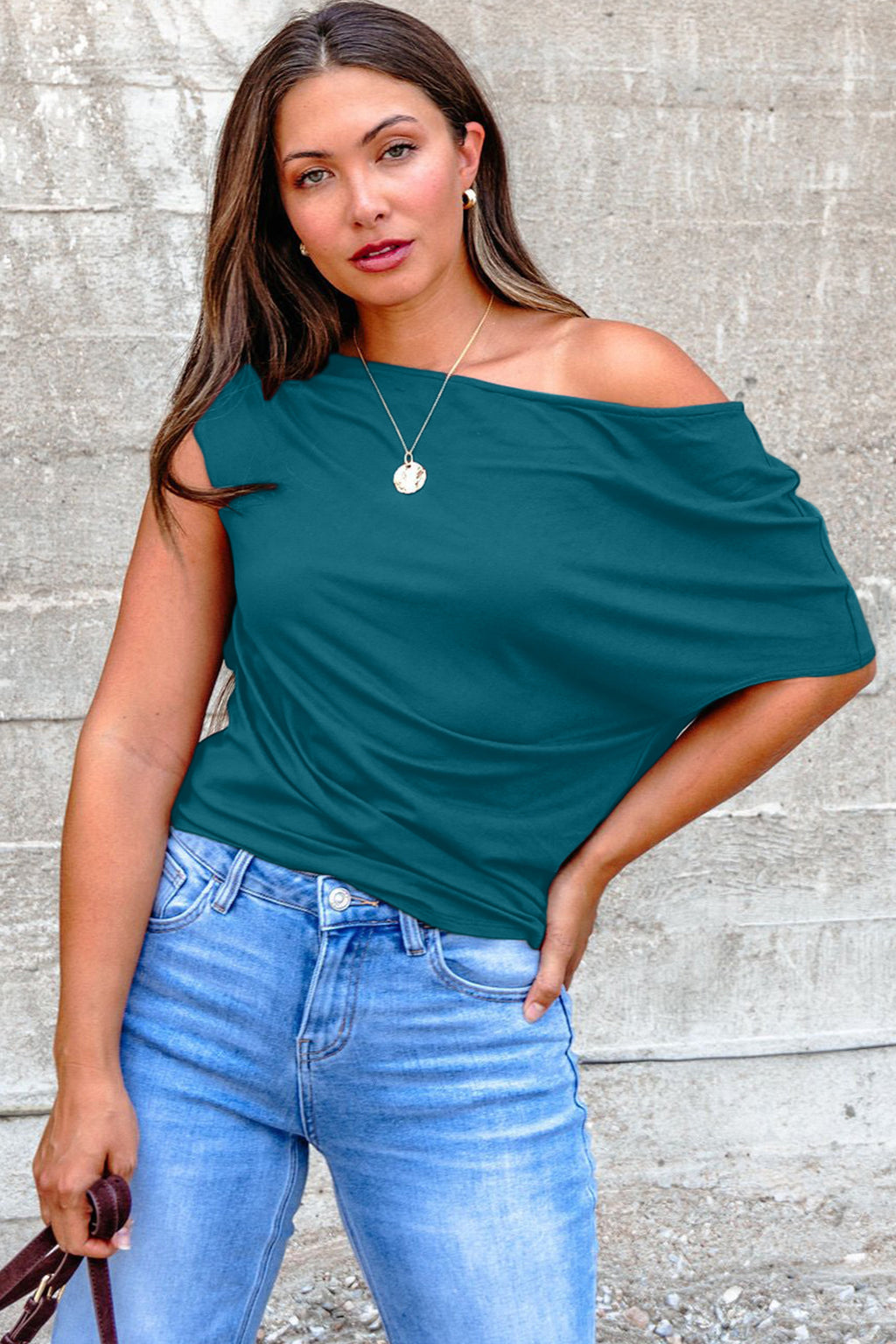 Blue Sapphire Plus Size Solid Color Asymmetric Neck Short Sleeve Blouse