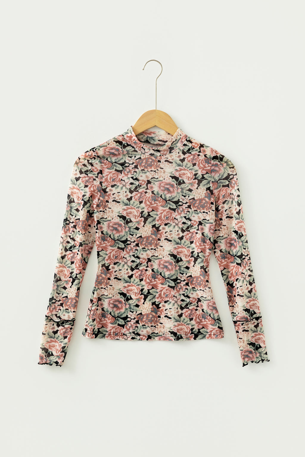 Black Retro Floral Print Mock Neck Mesh Long Sleeve Top
