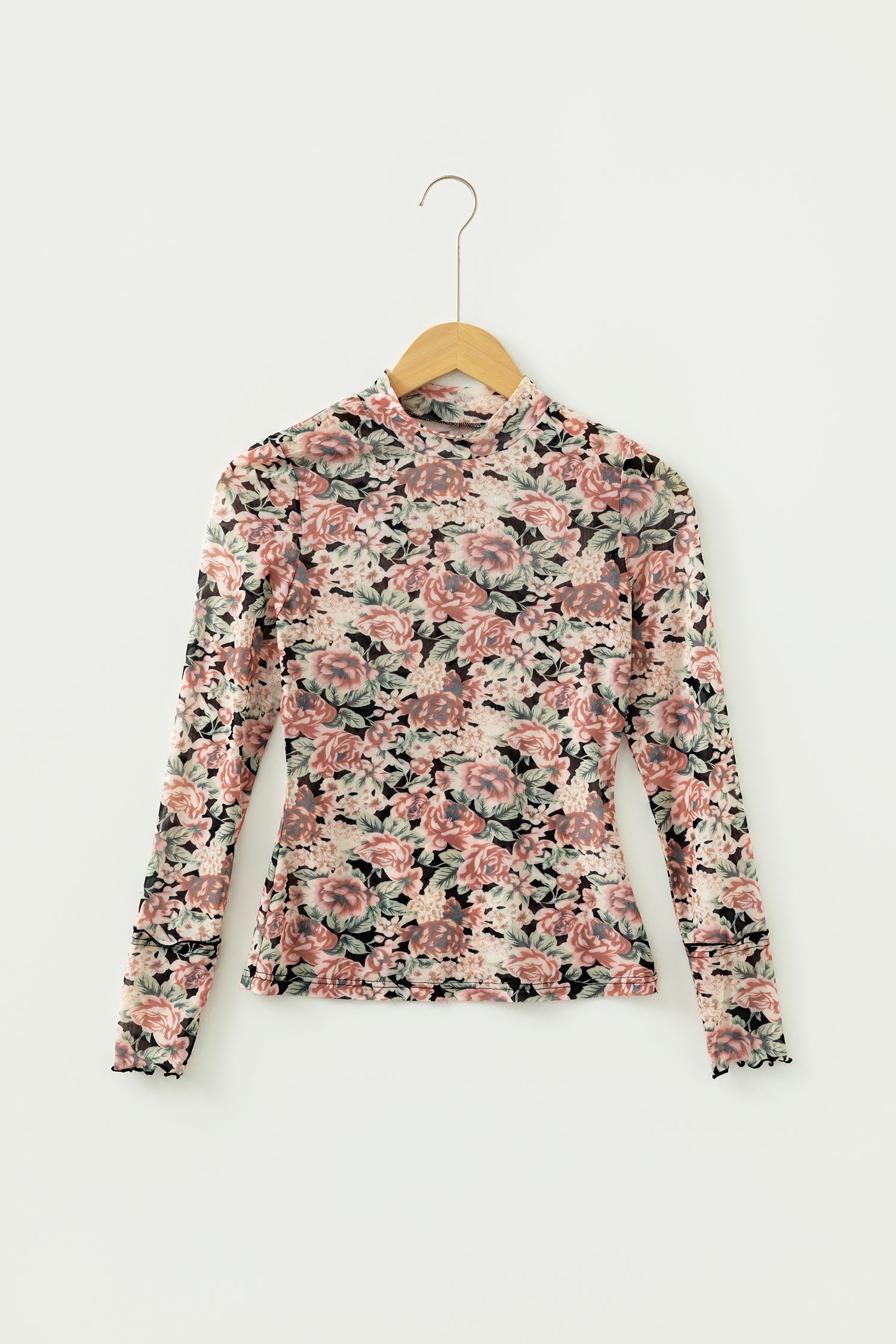 Black Retro Floral Print Mock Neck Mesh Long Sleeve Top