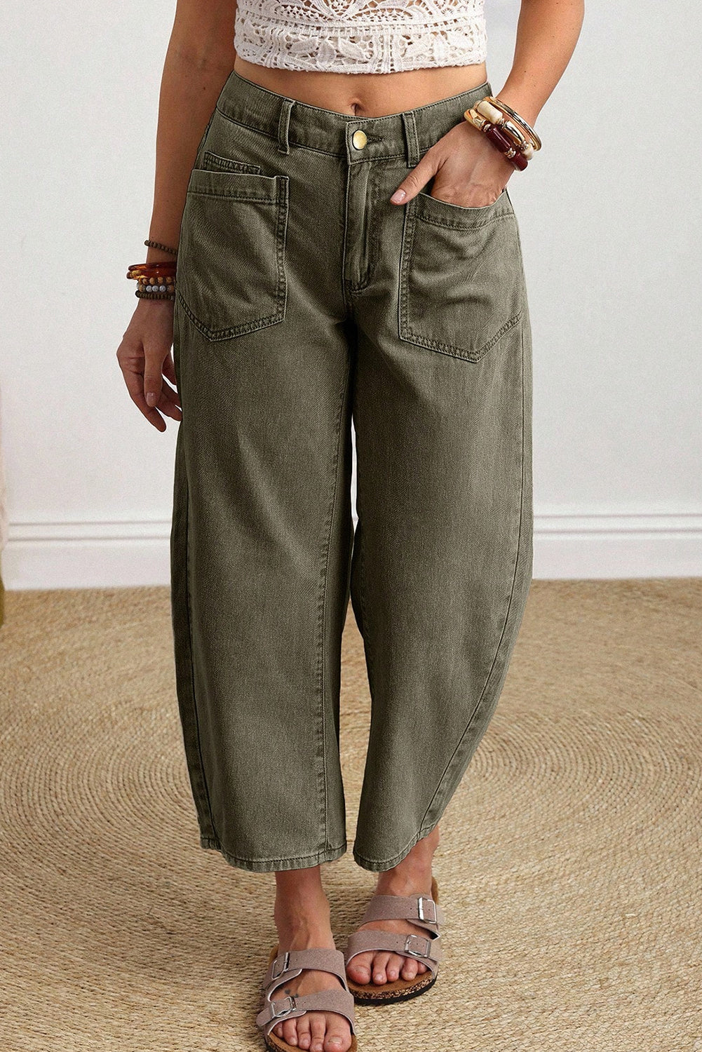 Coffee Solid Color Square Patch Pocket Ankle-length Barrel Jeans
