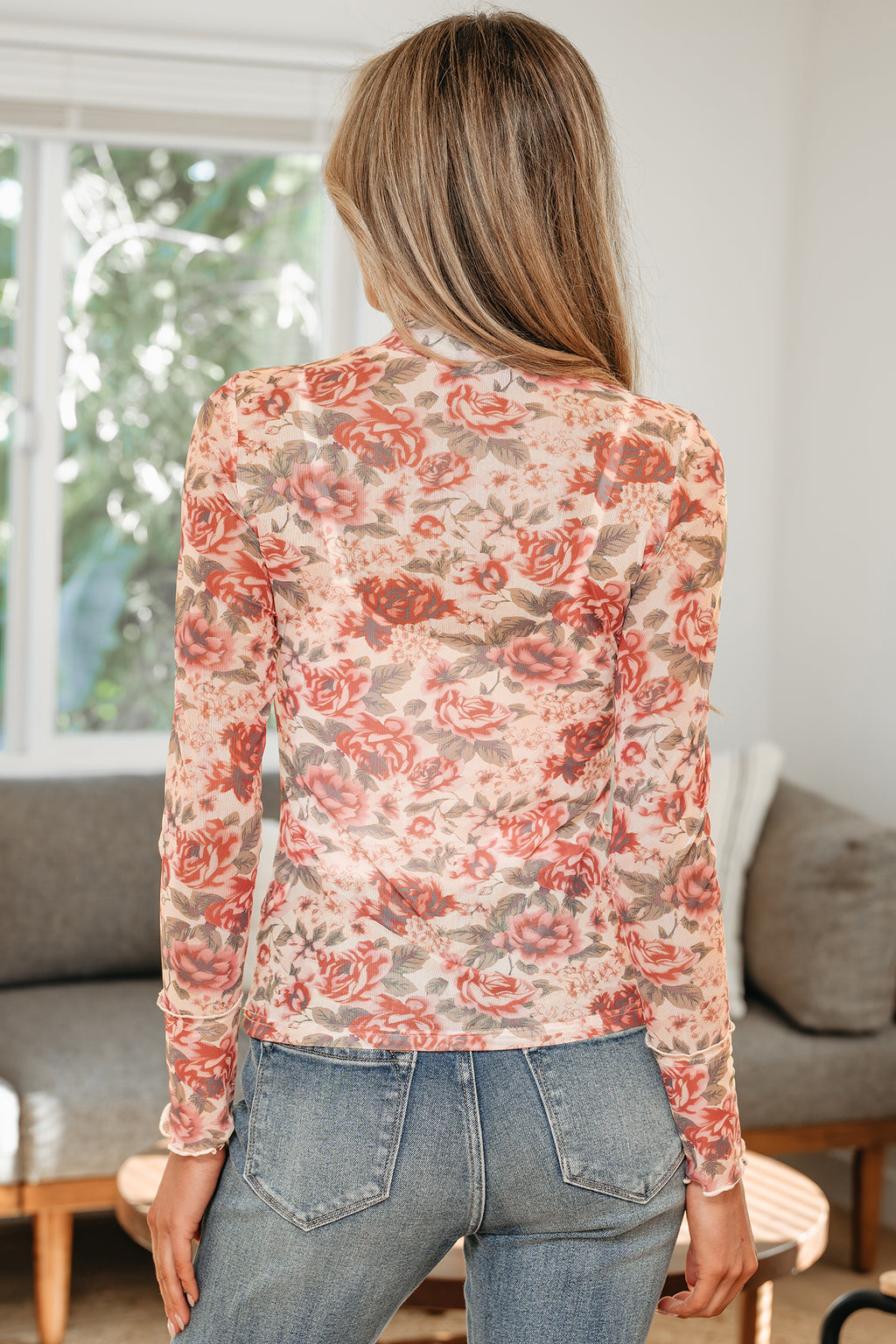 Black Retro Floral Print Mock Neck Mesh Long Sleeve Top