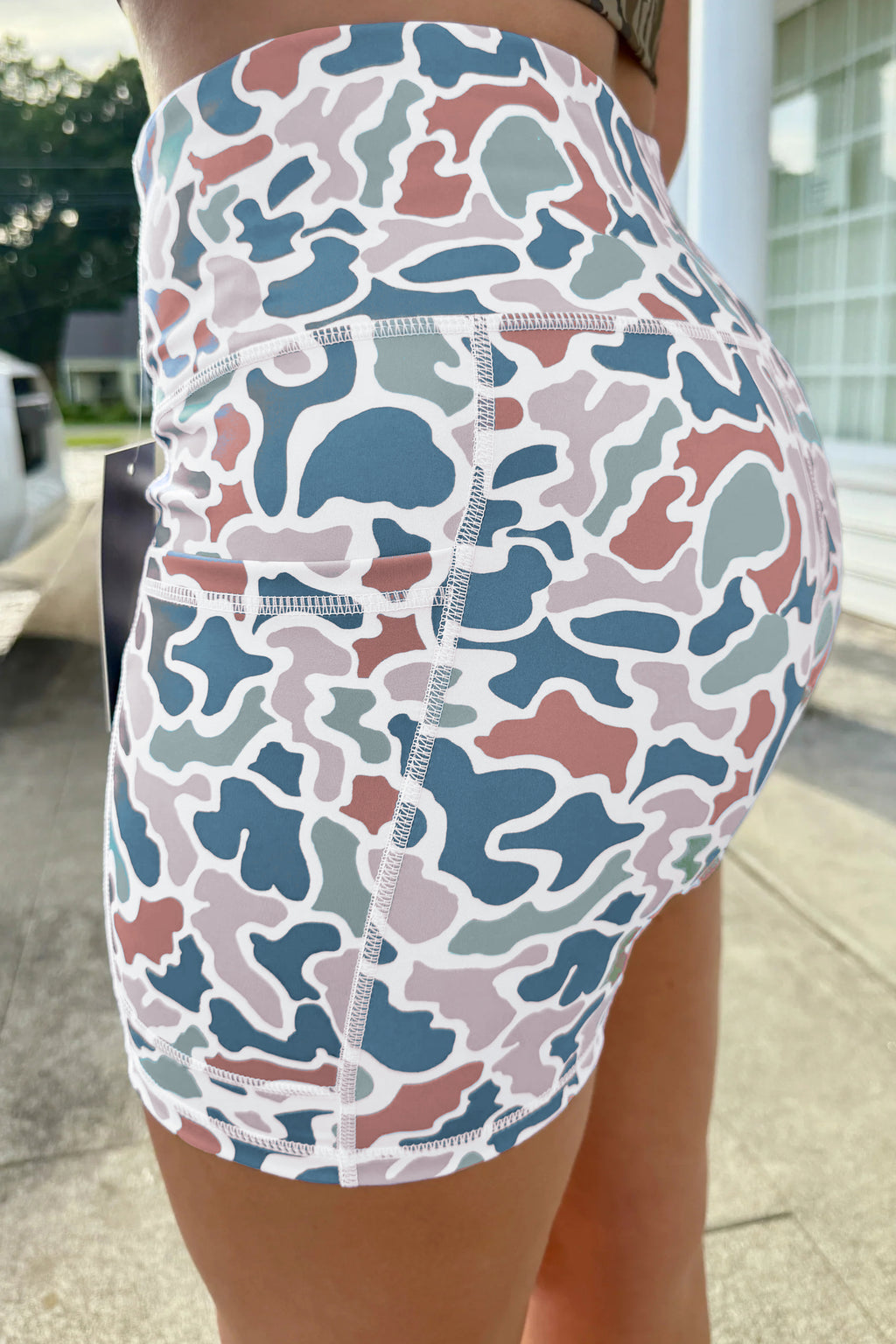 Blue Abstract Camo Printed Seam Detail Biker Shorts