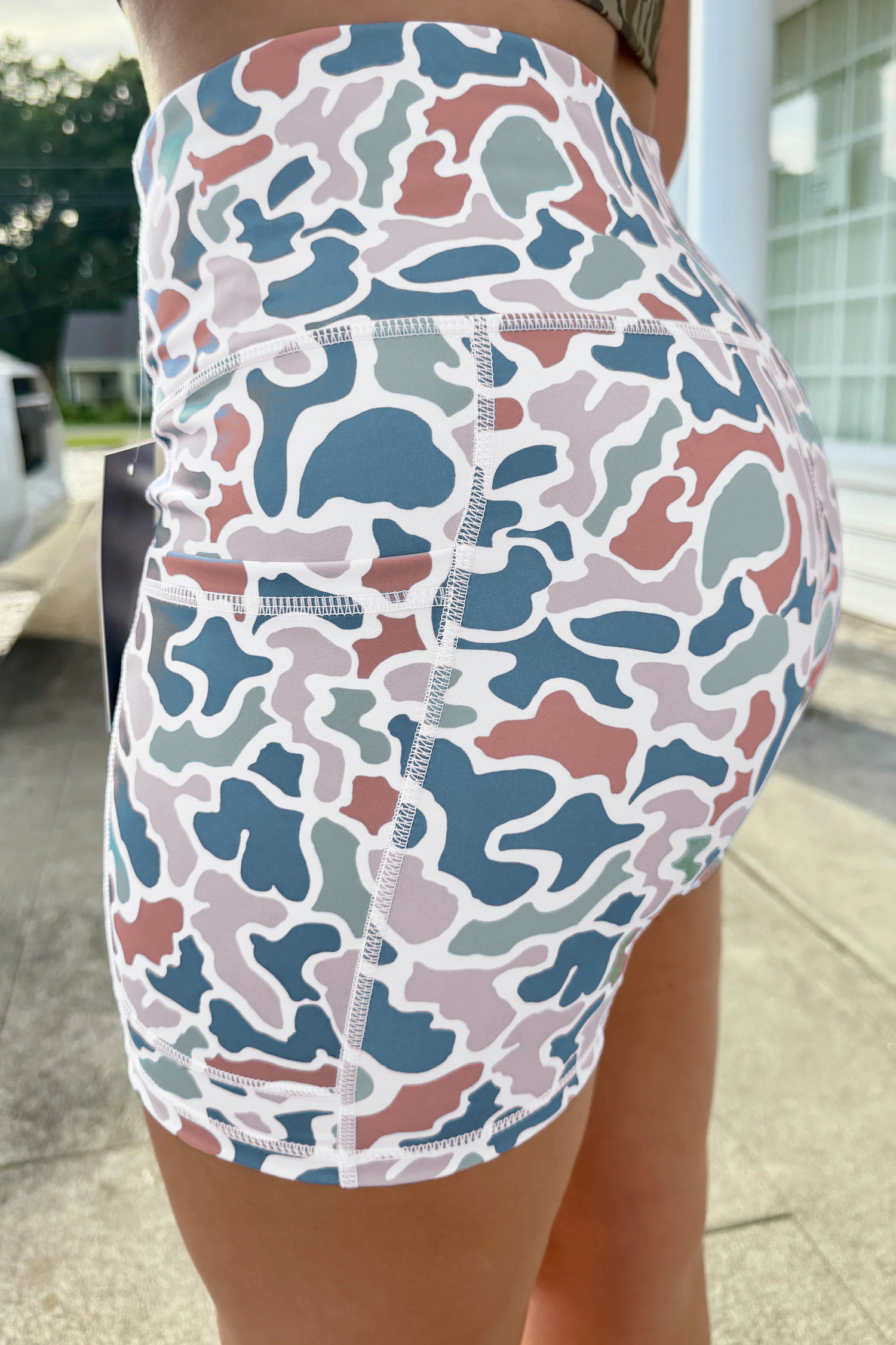 Blue Abstract Camo Printed Seam Detail Biker Shorts