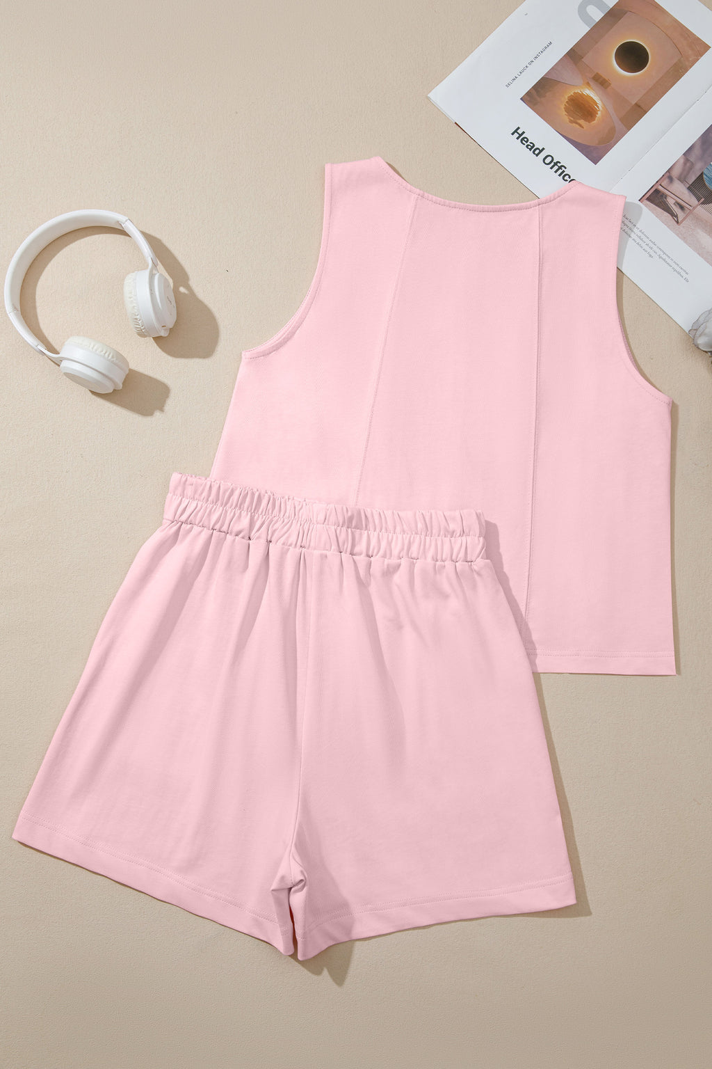 Beige Stitched Detail Loose Tank Top Cotton 2pcs Short Set