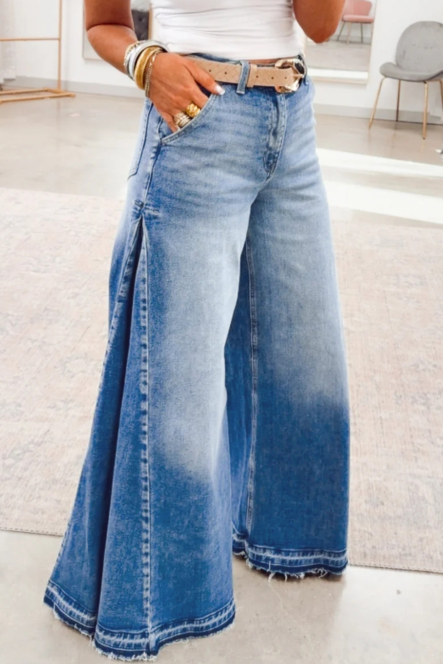 Myosotis Side Seam Gathering Flare Leg Jeans Casual Daily Full-length Denim Pants