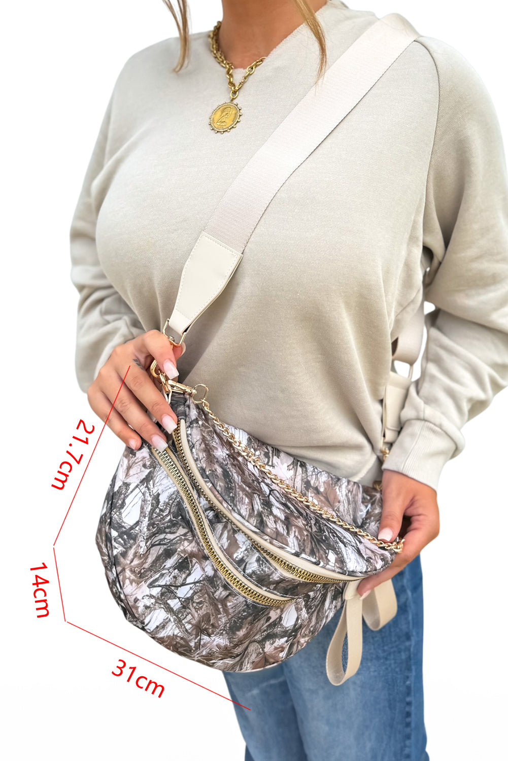 White Abstract/ Camouflage/ Polka Dot/ Leopard Print Double Zip Fashion Crossbody Bag