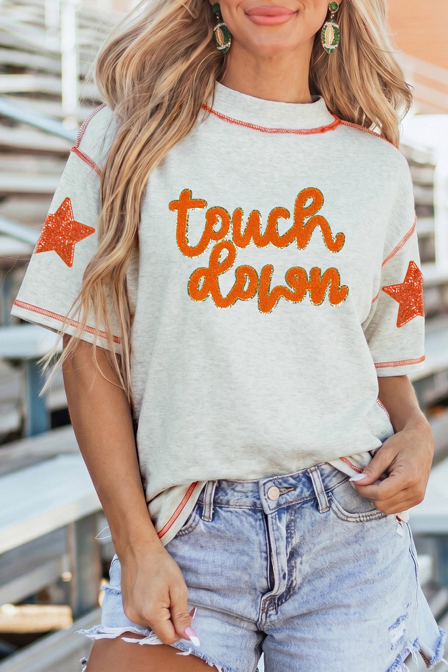 Light Grey Touch Down Chenille Glitter Star Graphic Stitched Detail High Neck T Shirt