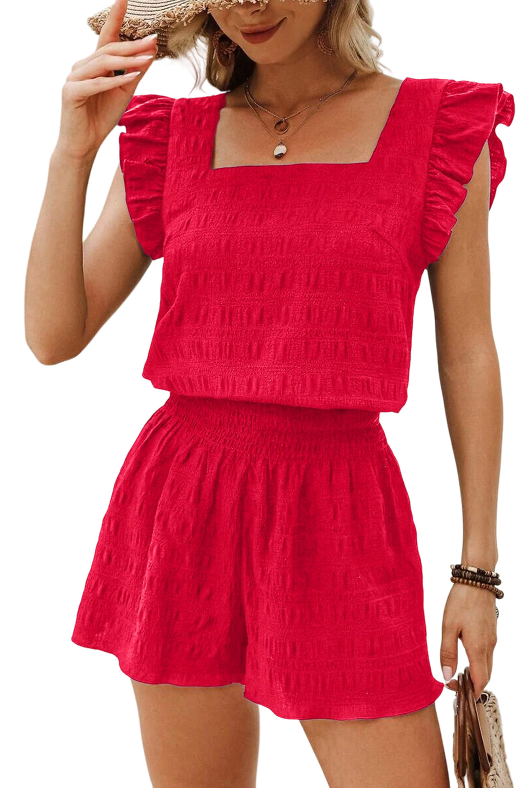 Black Textured Square Neck Top and Shirred High Waist Shorts Set