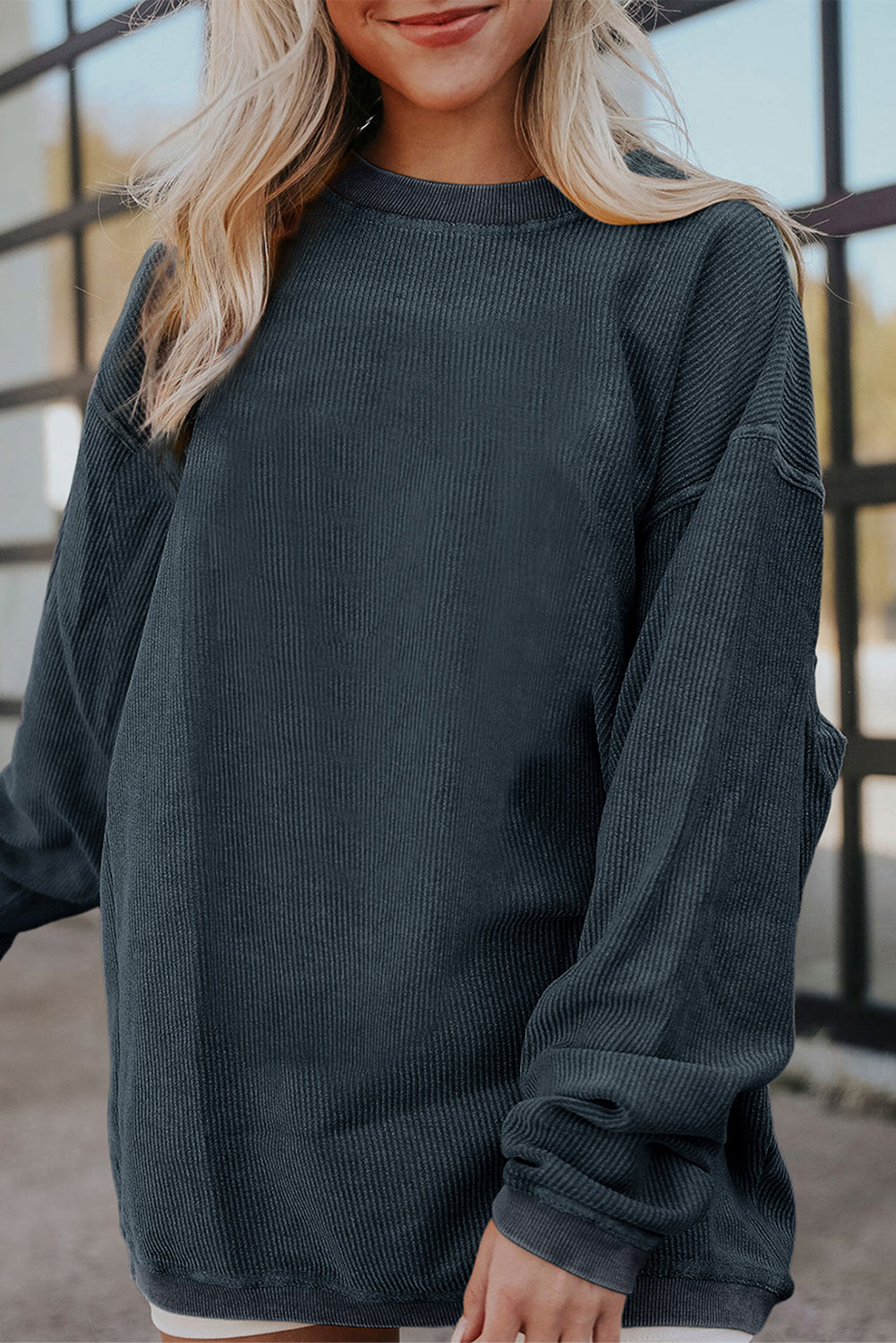 Orange Plain Drop Sleeve Crinkle Rib Oversized Sweatshirt