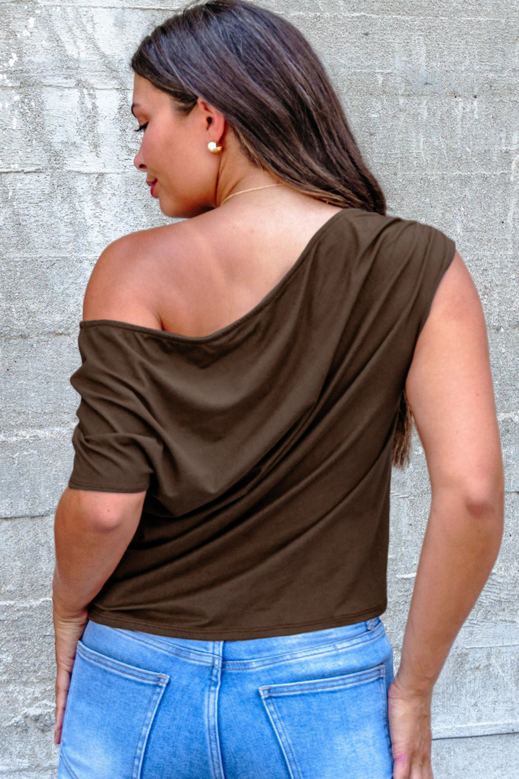 Blue Sapphire Plus Size Solid Color Asymmetric Neck Short Sleeve Blouse