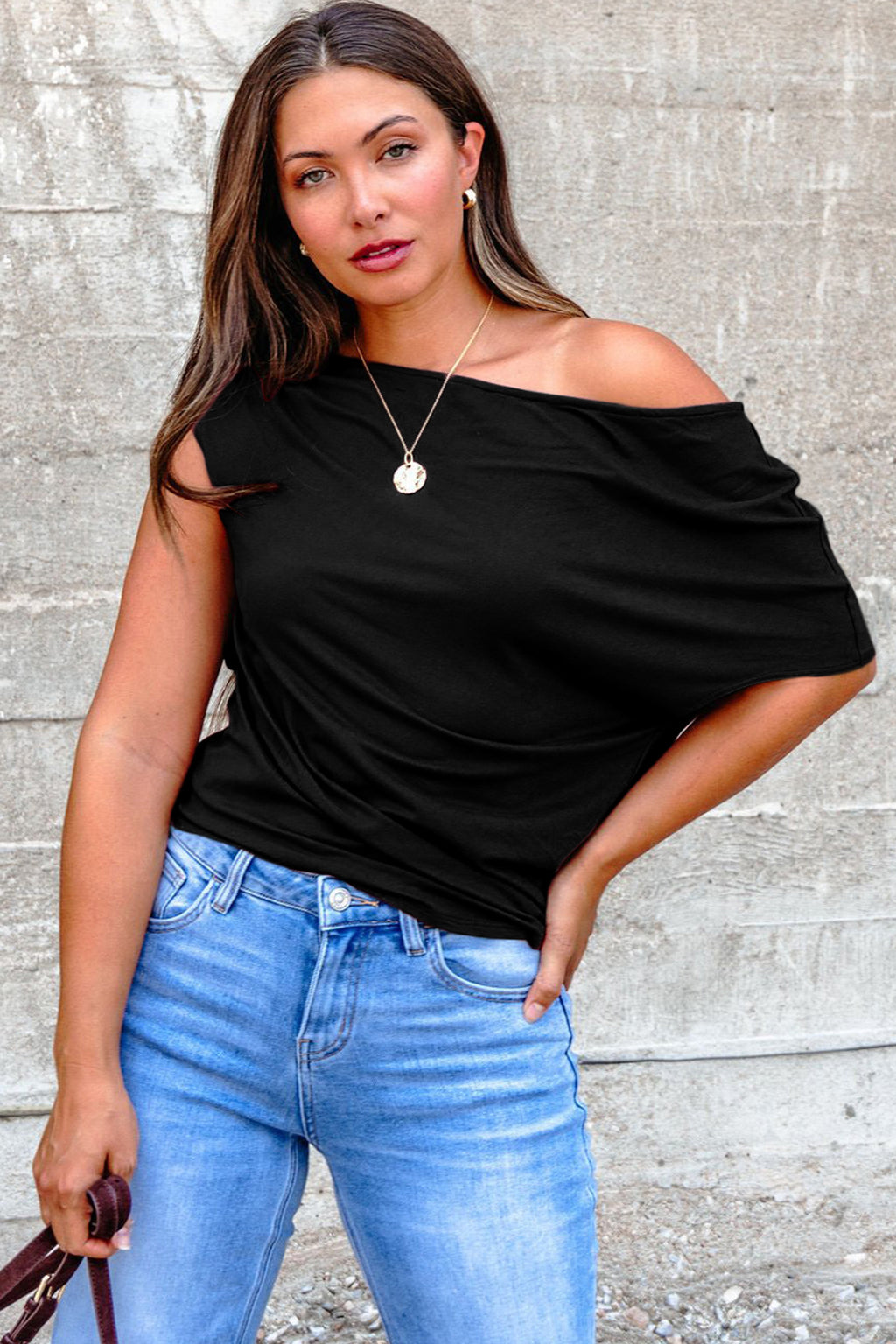 Blue Sapphire Plus Size Solid Color Asymmetric Neck Short Sleeve Blouse