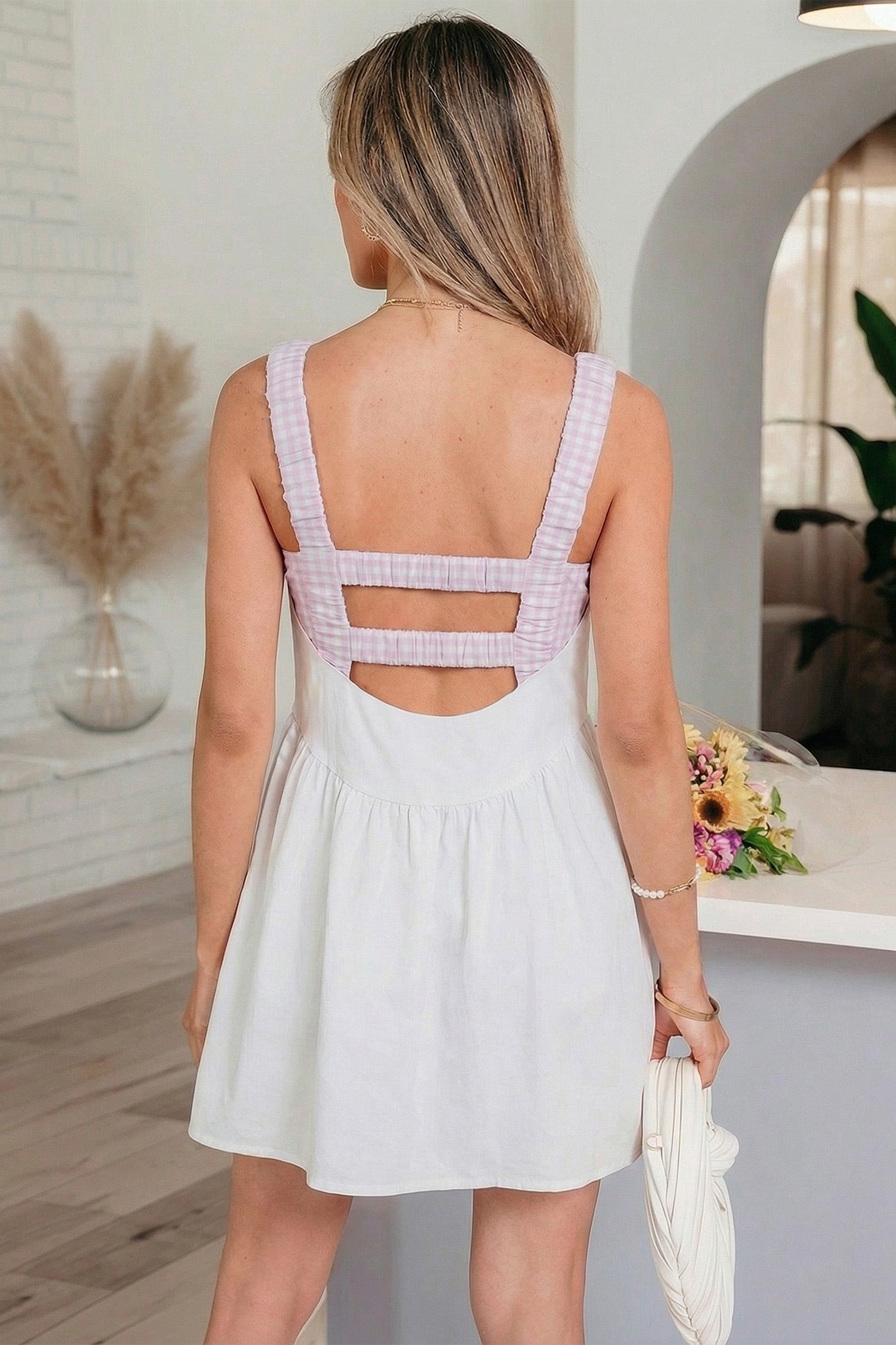 Yellow Cream Faux Two Piece Gingham Contrast Patchwork Loose Mini Dress