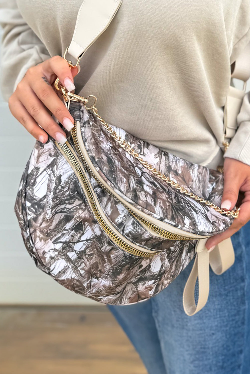 White Abstract/ Camouflage/ Polka Dot/ Leopard Print Double Zip Fashion Crossbody Bag