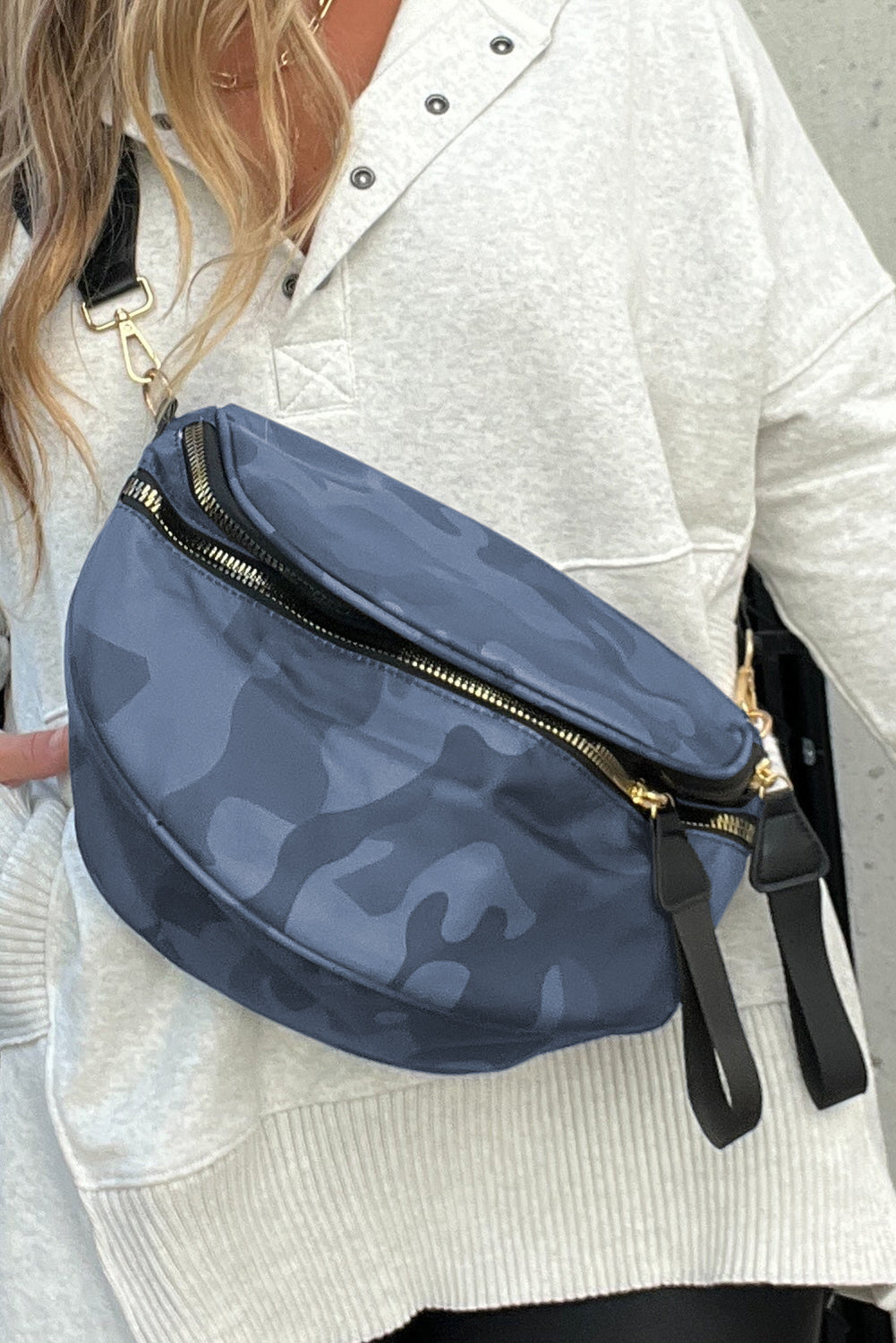 White Abstract/ Camouflage/ Polka Dot/ Leopard Print Double Zip Fashion Crossbody Bag