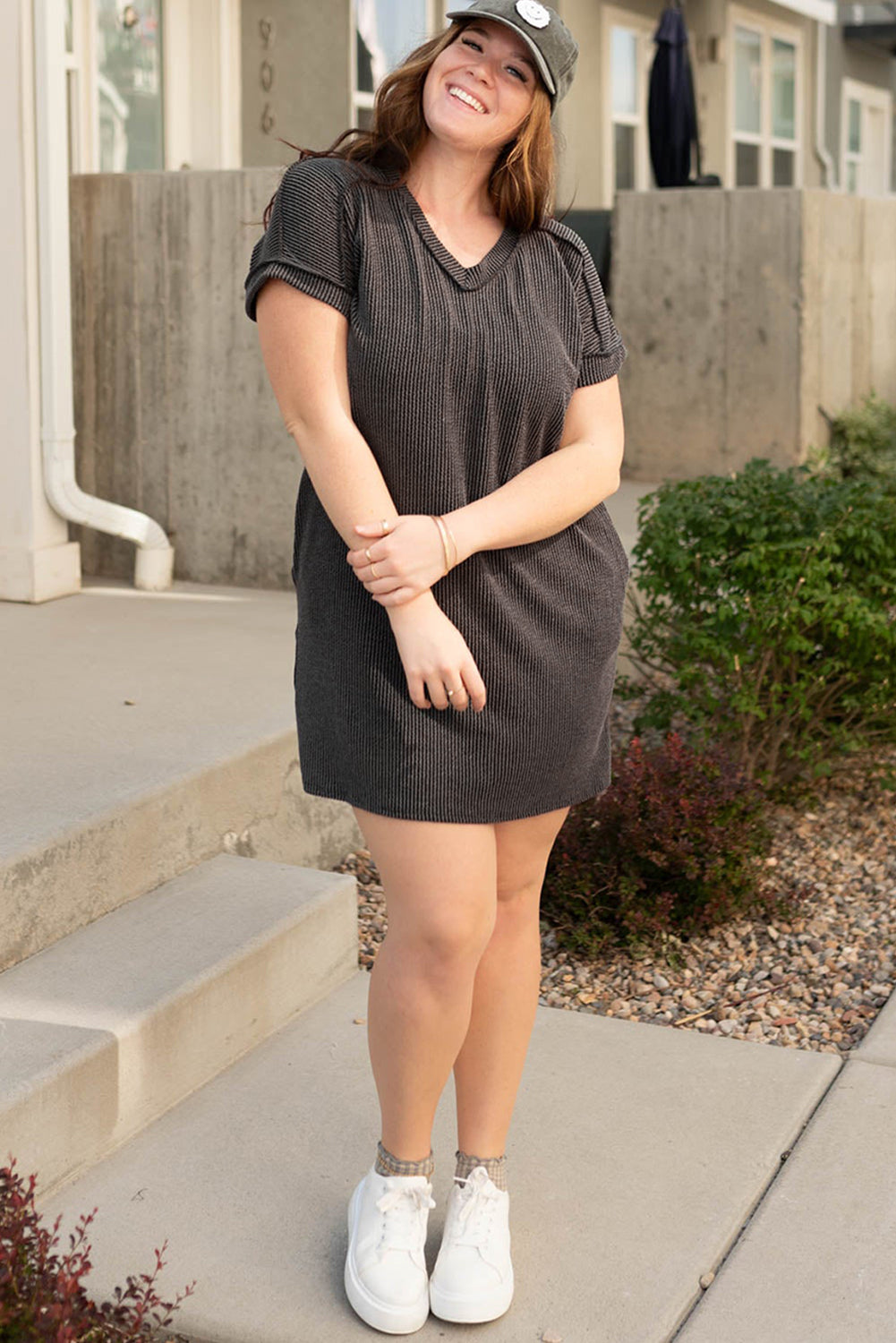 Carbon Grey Corded V Neck Plus Size Shirt Dress