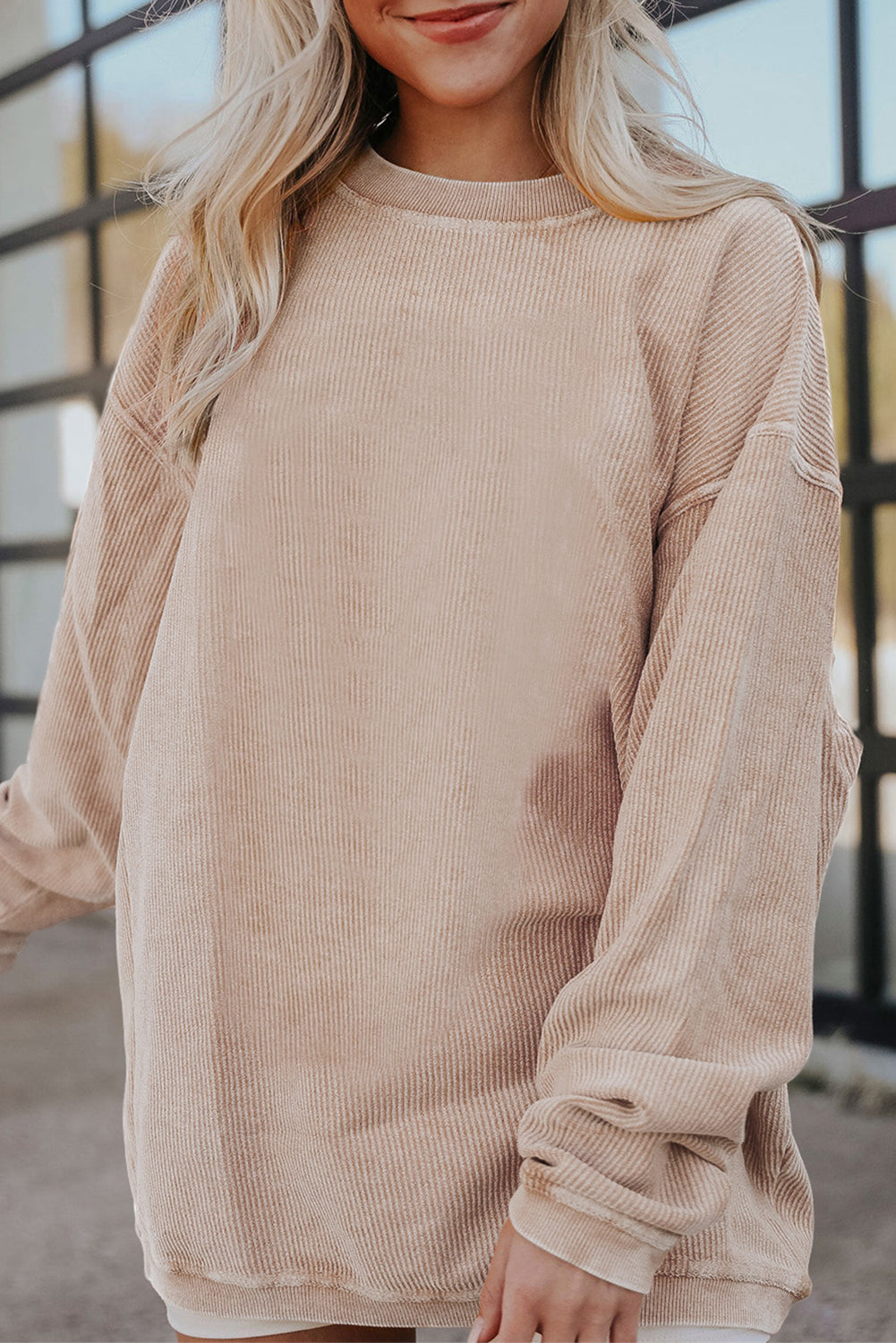 Orange Plain Drop Sleeve Crinkle Rib Oversized Sweatshirt