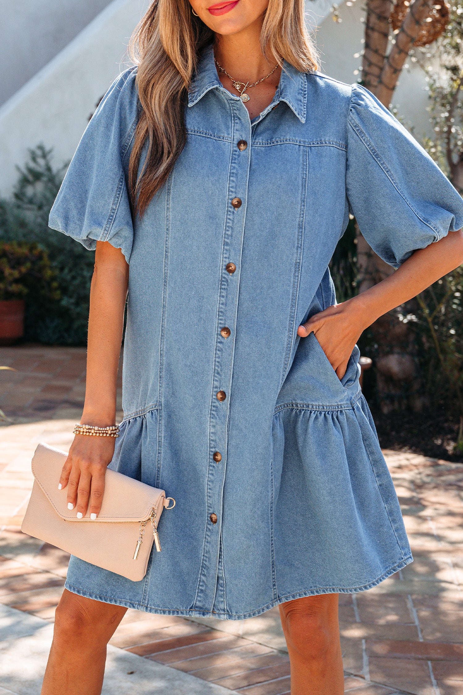 Beau Blue Button Down Short Puff Sleeve Ruffle Hem Patchwork Denim Dress