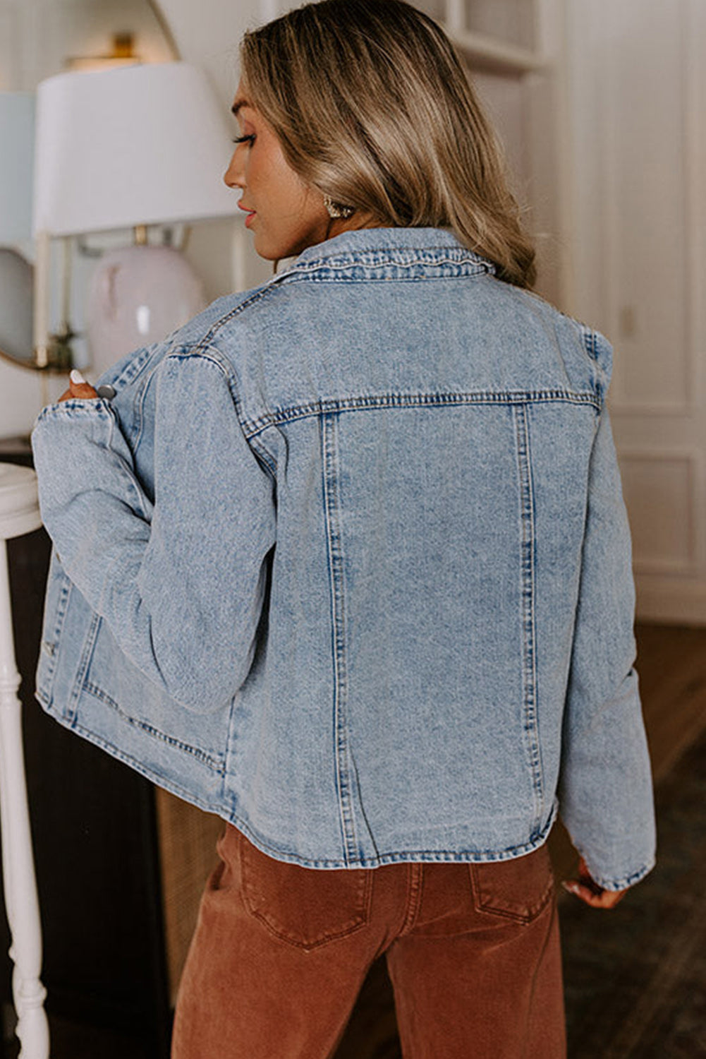 Myosotis Scallop Trim Collar Pocket Button Up Denim Jacket