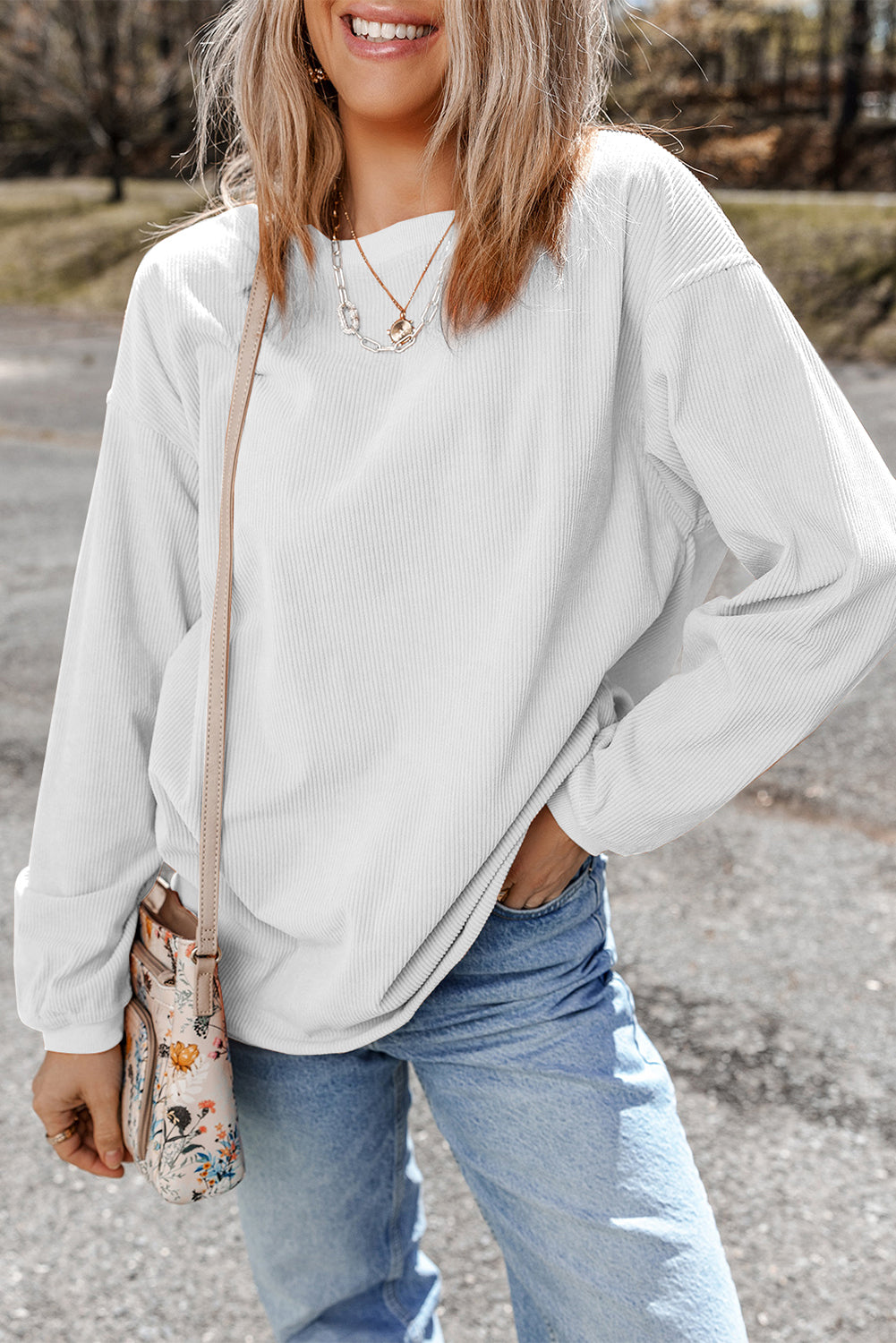 Orange Plain Drop Sleeve Crinkle Rib Oversized Sweatshirt