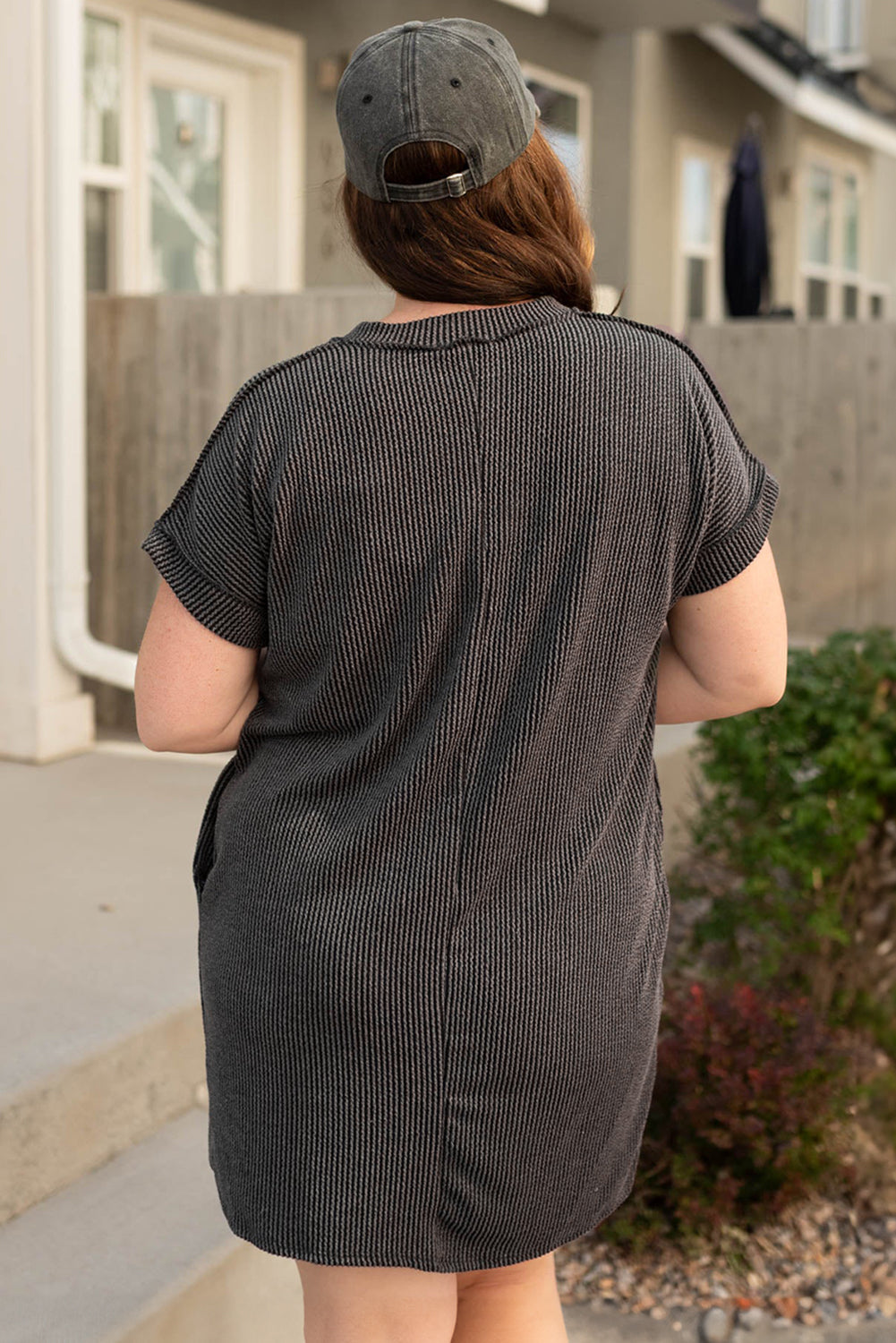 Carbon Grey Corded V Neck Plus Size Shirt Dress