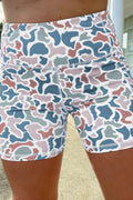 Blue Abstract Camo Printed Seam Detail Biker Shorts