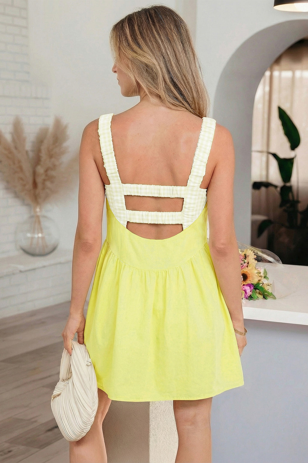 Yellow Cream Faux Two Piece Gingham Contrast Patchwork Loose Mini Dress