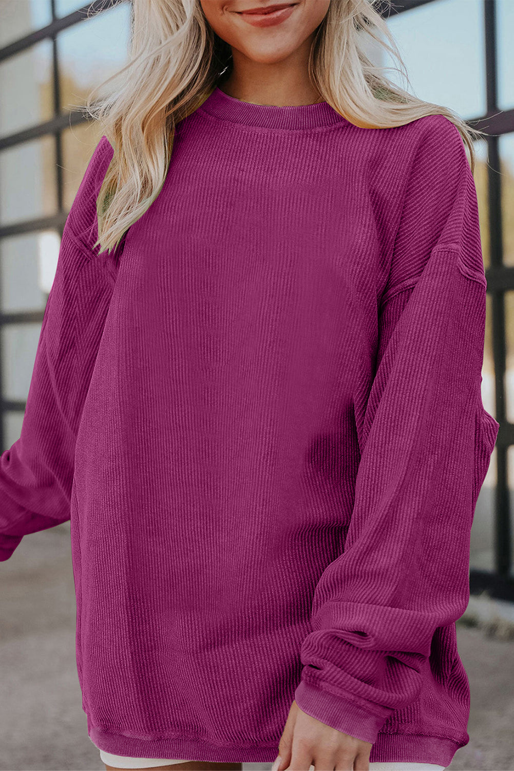 Orange Plain Drop Sleeve Crinkle Rib Oversized Sweatshirt