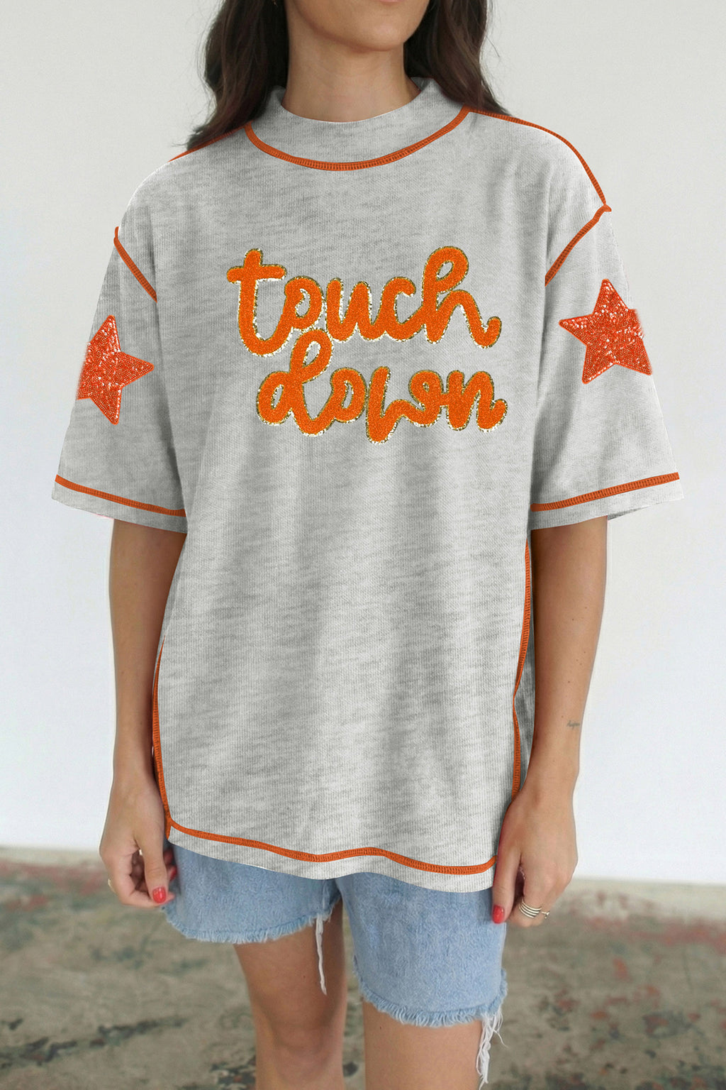 Light Grey Touch Down Chenille Glitter Star Graphic Stitched Detail High Neck T Shirt