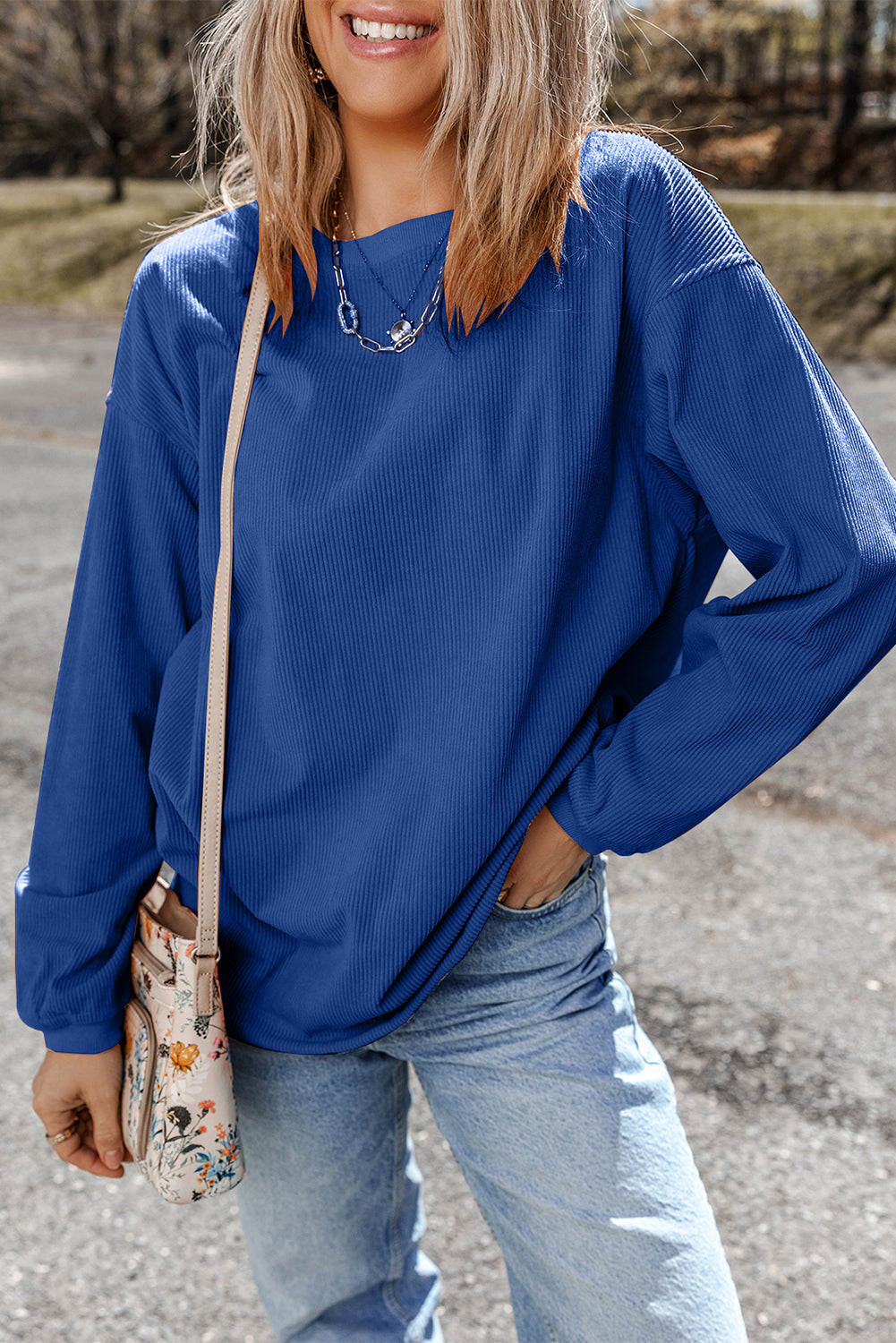 Orange Plain Drop Sleeve Crinkle Rib Oversized Sweatshirt
