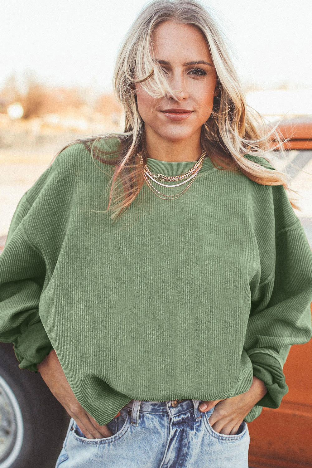 Orange Plain Drop Sleeve Crinkle Rib Oversized Sweatshirt