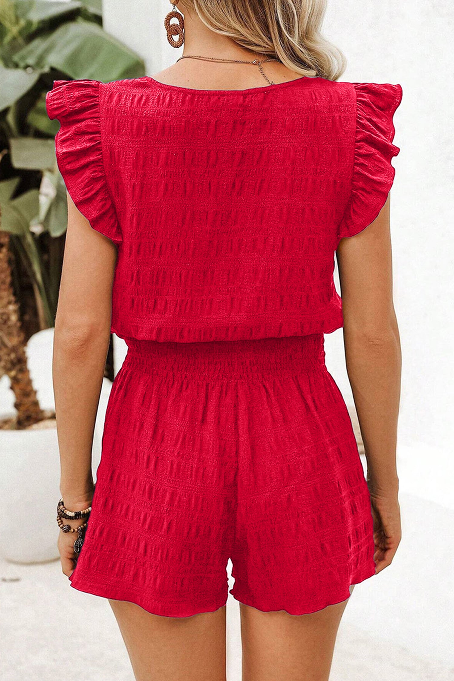 Black Textured Square Neck Top and Shirred High Waist Shorts Set