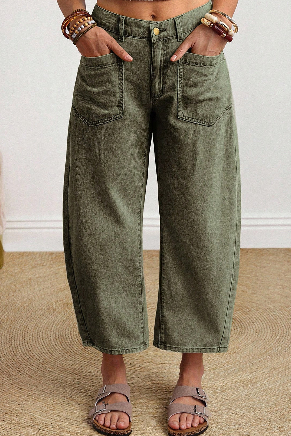 Coffee Solid Color Square Patch Pocket Ankle-length Barrel Jeans